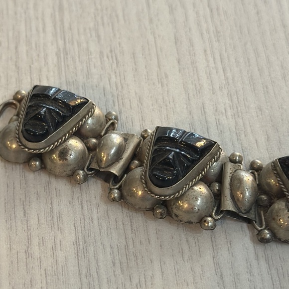 MEXICO 925 Silver  Vintage Face Carved Black Onyx Chain Bracelet - Picture 5 of 9